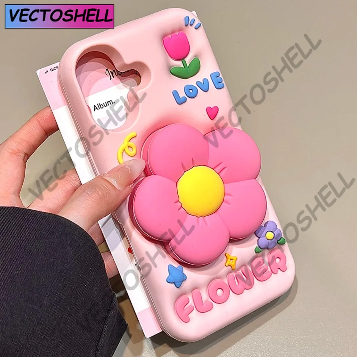 

Cute 3D Flower Holder Stand Soft Silicone Phone Case For iPhone11 12 13 14 15 16 Pro Max Shockproof Back Cover