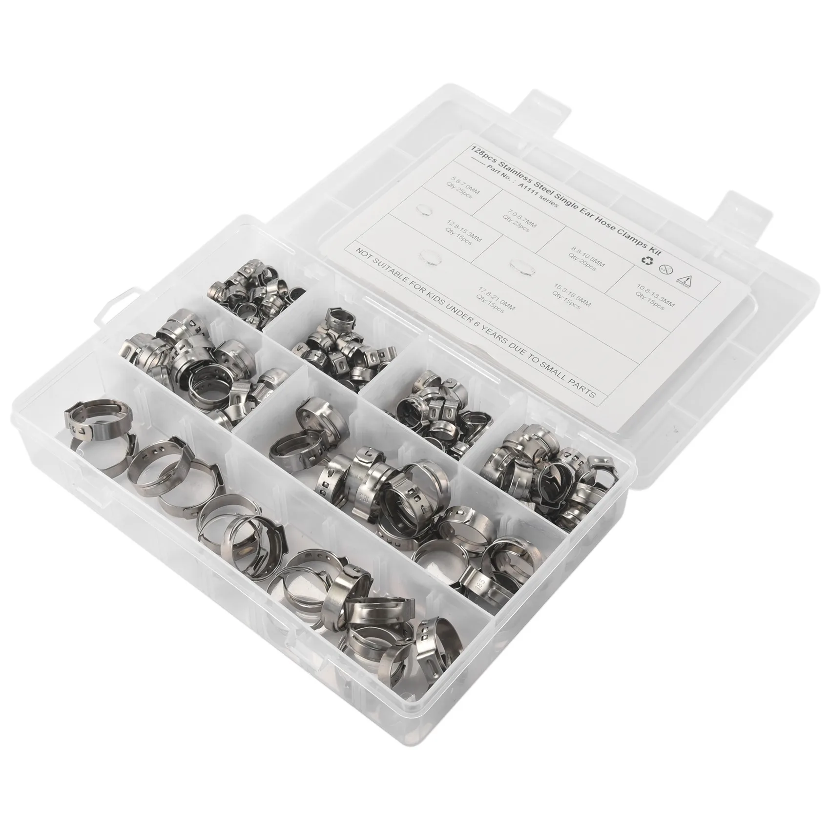 【A08I】304 Stainless Steel Single Ear Non-Steel Hose Clamp Classification Kit, 128 Pieces
