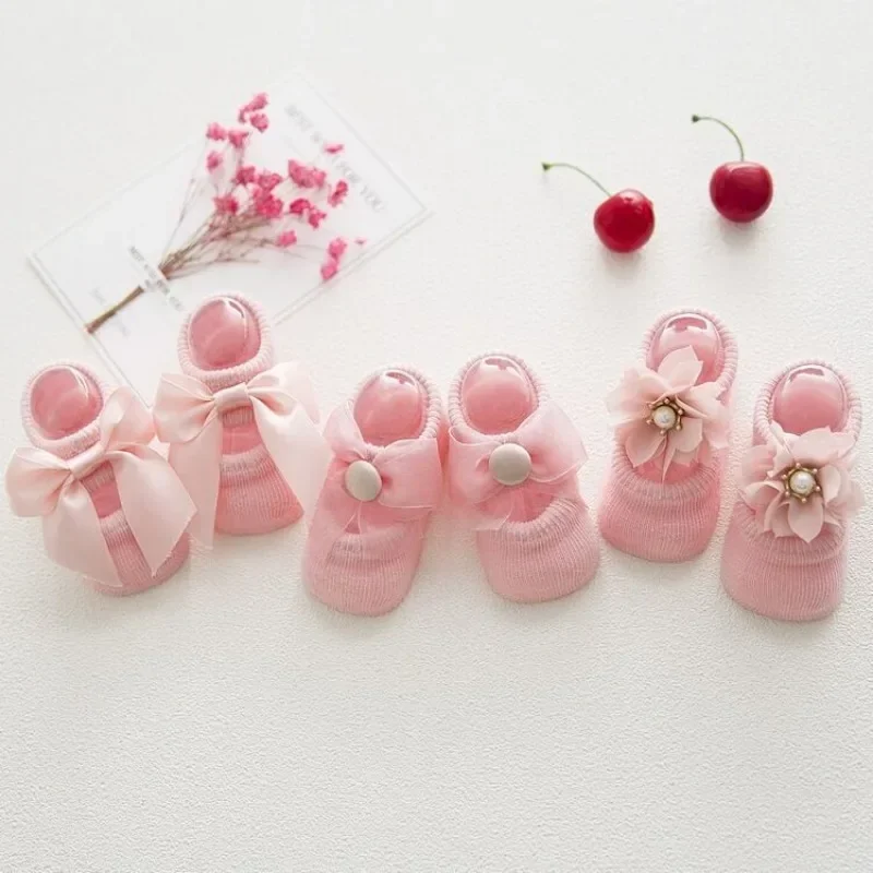 3 Pairs/set Baby Lace Bow Ankle Socks Korean Cotton Hollow Out Boat Socks for Infants  Non-Slip Candy Color Toddler Floor Socks