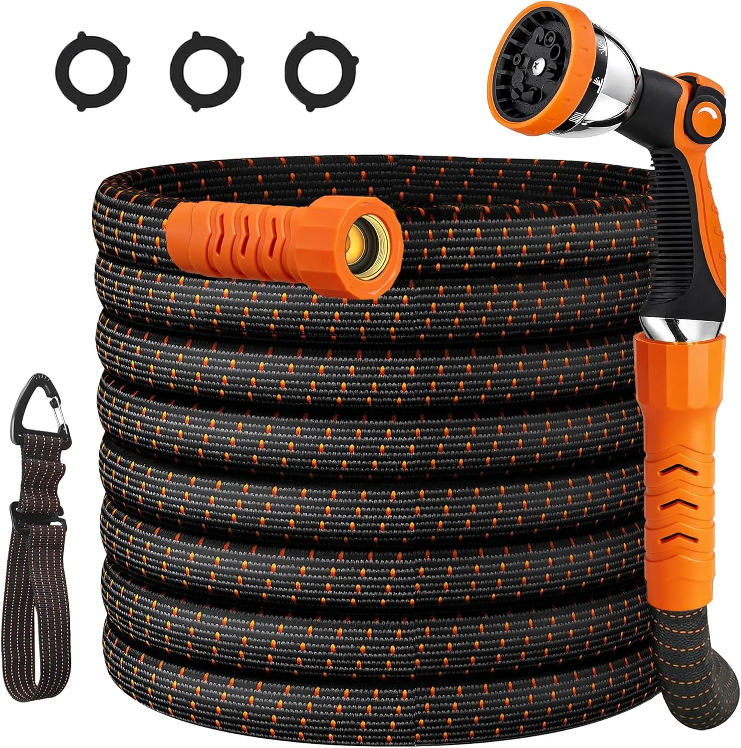 

50FT Flexible Garden Hose with 10-Function Nozzle, Kink-Free, for Outdoor Use in Yard, RV, Car (Orange-Black)