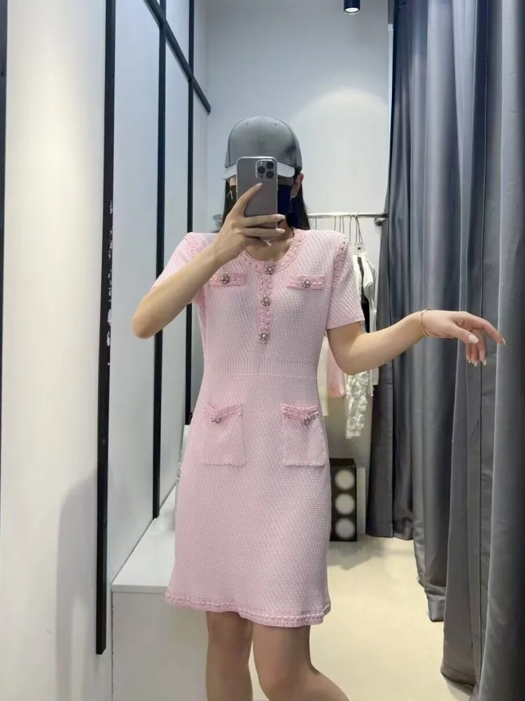 French Style Pink Socialite Slimming Knitted Dress Female 2023 Autumn Fashion O-neck Above-knee Dress Elegant Commute Dress