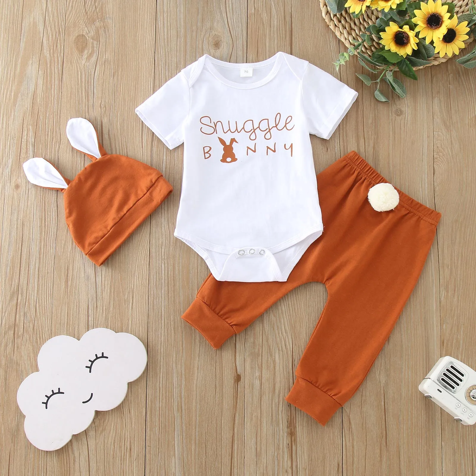 3 6 9 12 Months Infant Baby Boys Easter Clothes Sets Short Sleeve Letter Rabbit Print Romper Elastic Band Pants Hat 3pcs Outfits