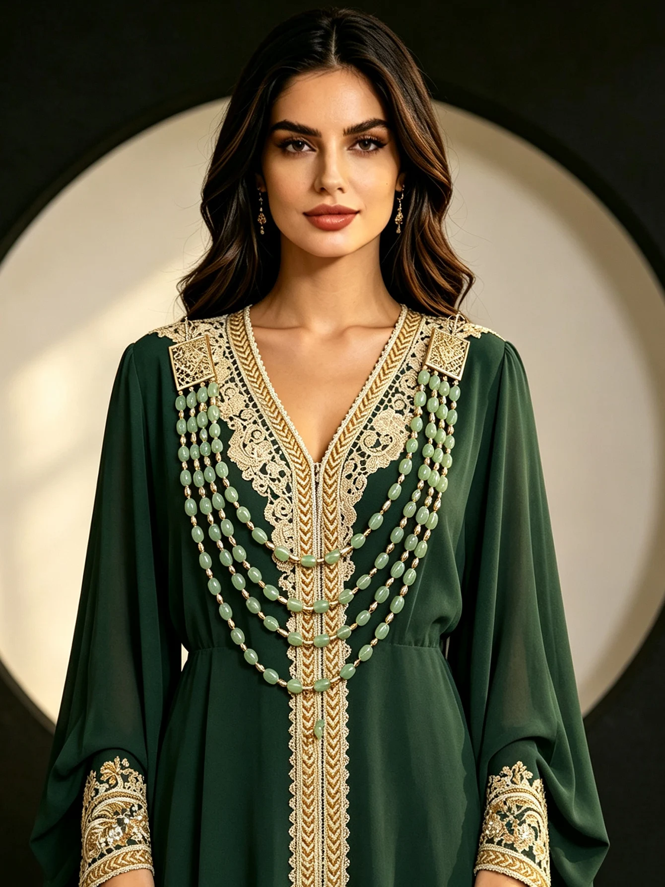 Marokkanische mehrschichtige Perlenkette, Vintage-Halskette mit hohlem quadratischem Anhänger, grüner Stein-Halskette für Damen, Hochzeits-Caftan-Schmuck – Detail 1