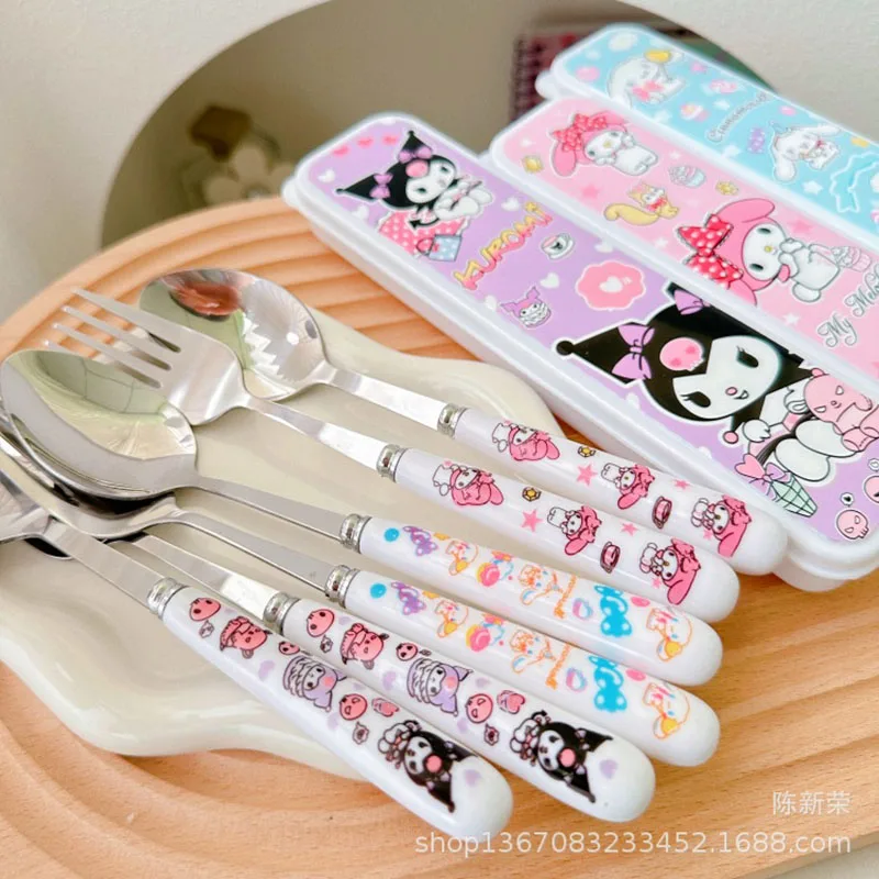 

2Pcs Kuromi Fork Spoon Cartoon Girl Heart Printed Flatware Box Fork Spoon Convenient Carrying Student Lunch Tableware Girl Gift