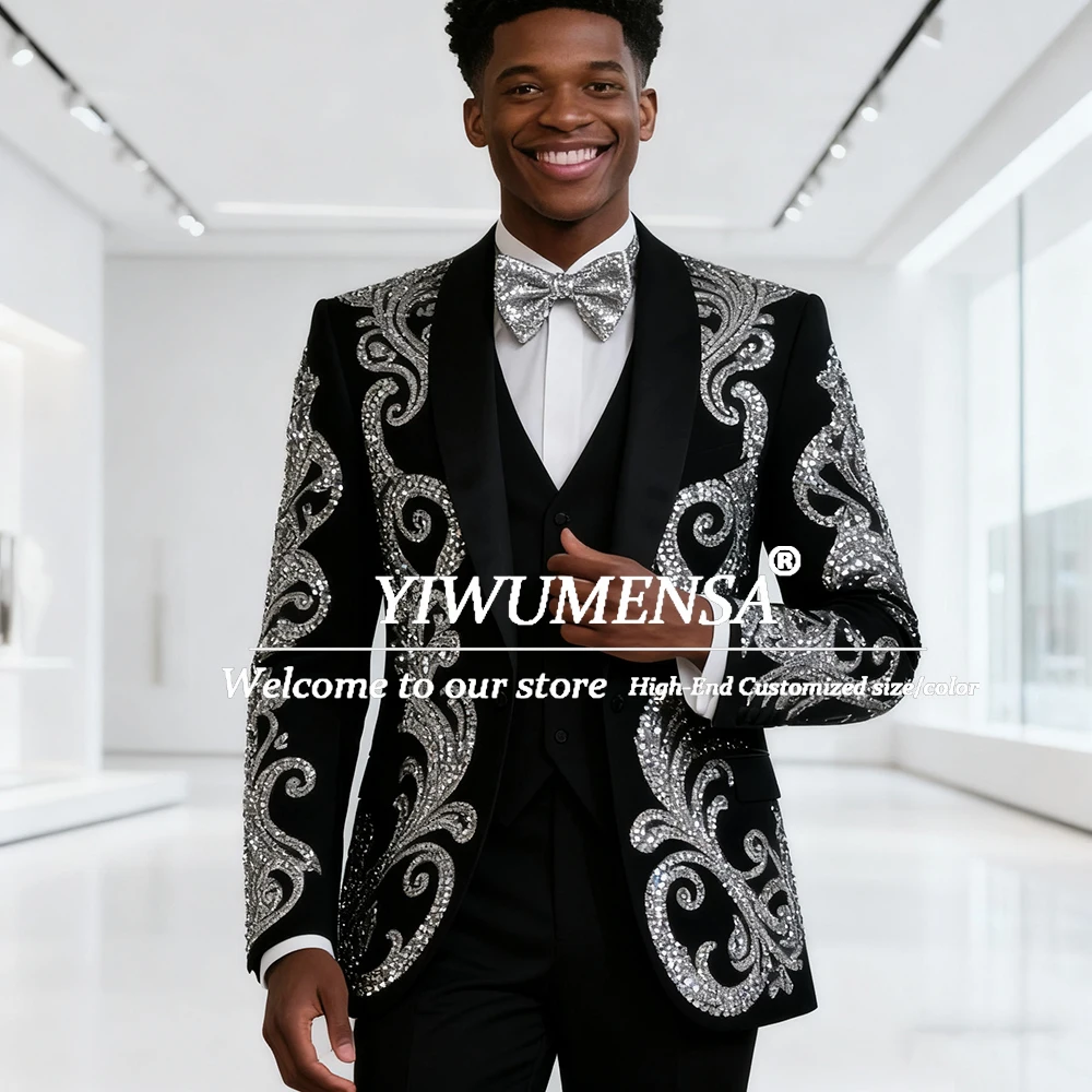 

Роскошные свадебные костюмы с кристаллами и бисером для мужчин, комплекты из 3 предметов, однобортные пиджаки для выпускного вечера, индивидуальные мужские модные смокинги для жениха