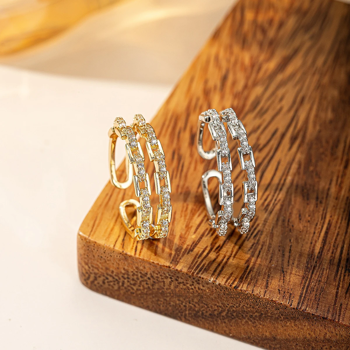 Women Double Layer Chain Link Zircon Open Ring Gold Silver Color Adjustable Stackable Finger Ring Fashion Jewelry