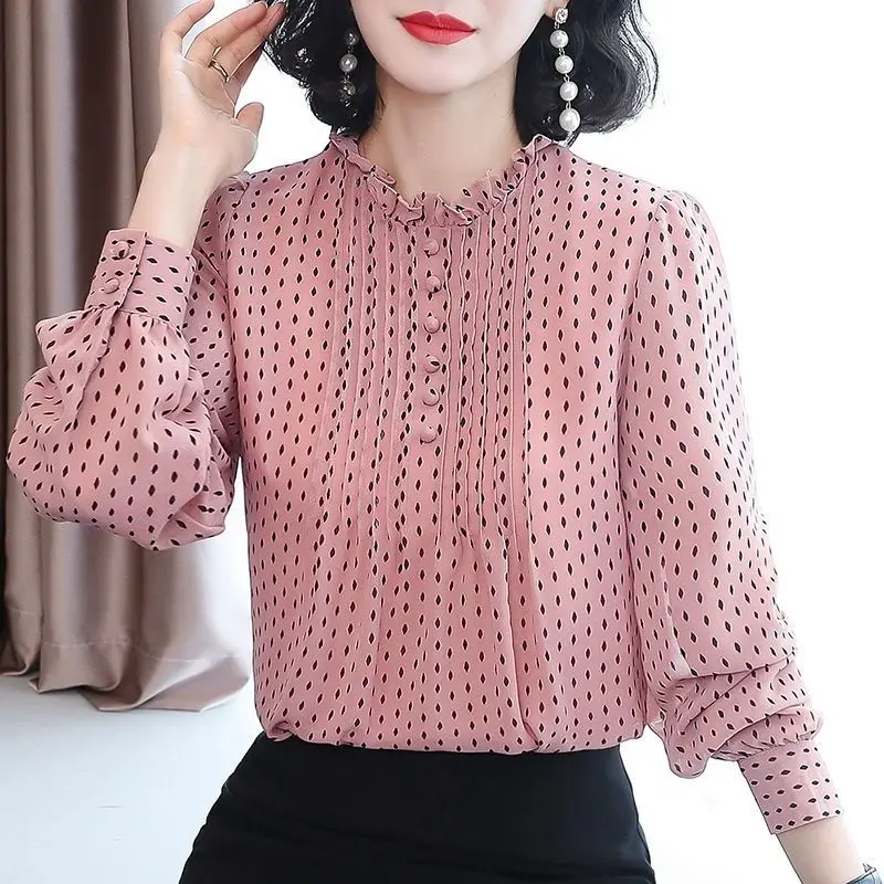 Spring Autumn Women Elegant Chic Sweet Ruffle Polka Dot Print Loose Casual Shirts Blouses Long Sleeve Chiffon Ladies Tops Blusas