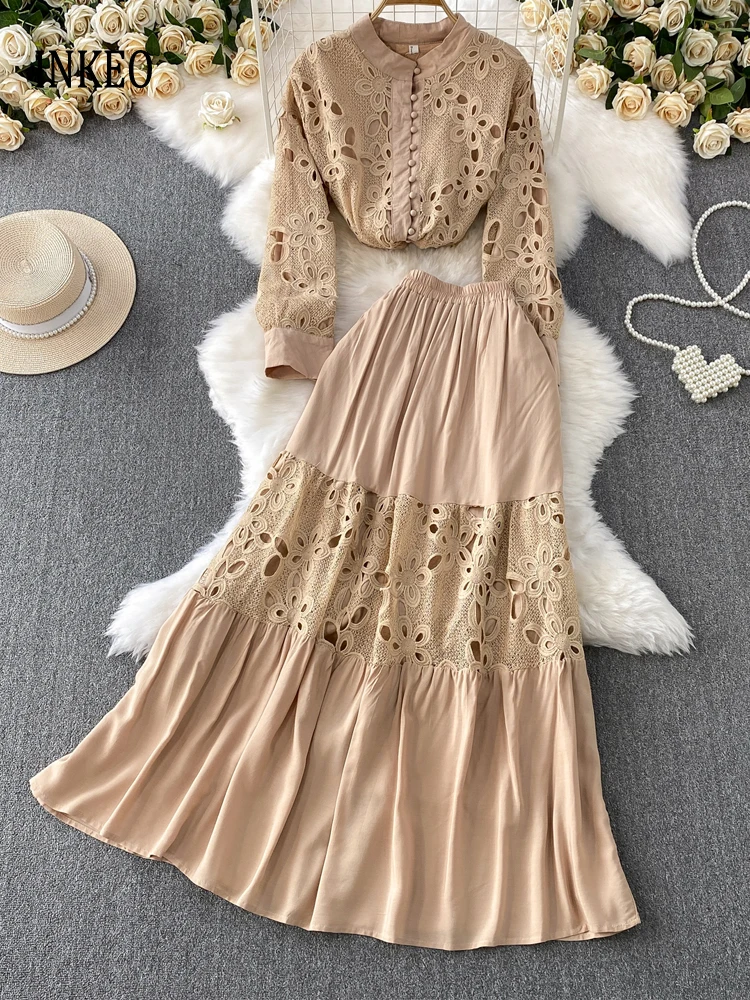

Vintage Khaki Lace embroidery 2 Piece set Women's 2025 Fall Elegant Patchwork Long sleeve shirt Loose tops and skirt Beach 5D146