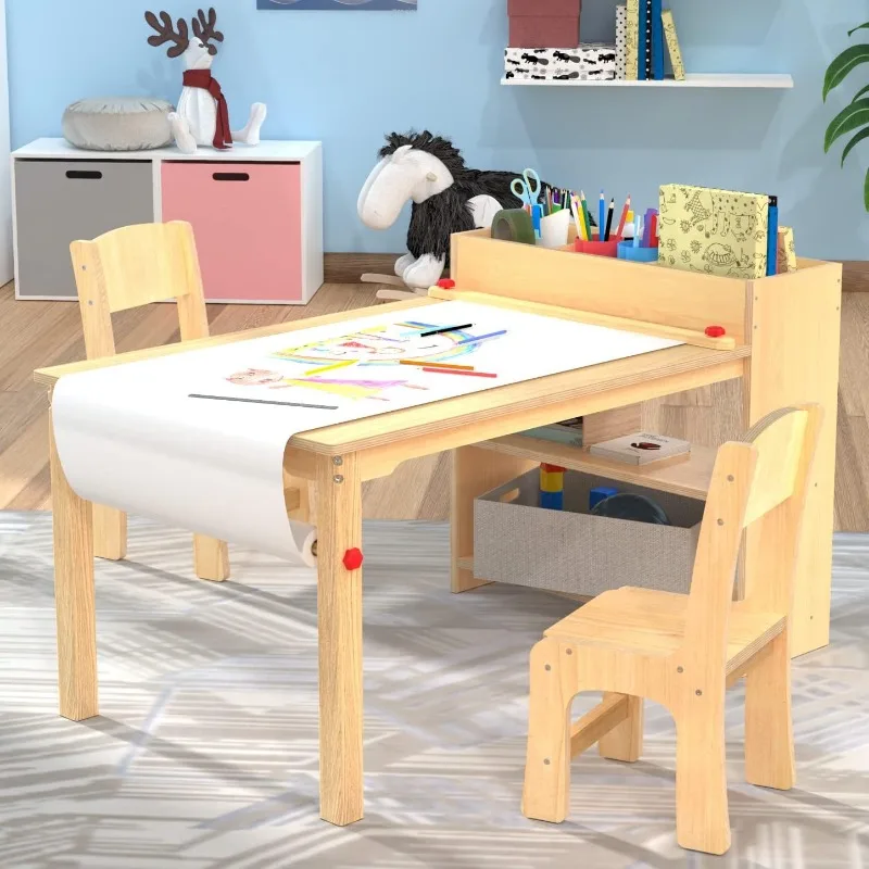 Kinder Kunsttafel En 2 Stoelen, Houten Tekentafel, Activiteit & Ambachten, Kindermeubilair