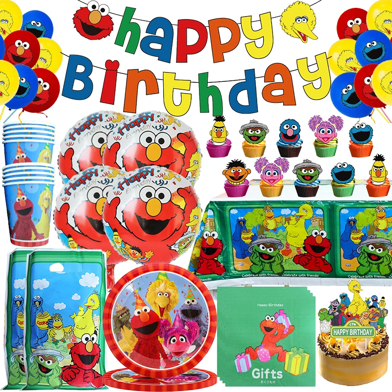 Sesame Cartoon Street Friends Theme Birthday Party Decoration Kids Favors Gift Bags Banner Flag Cake Topper Foil Globlos Supply