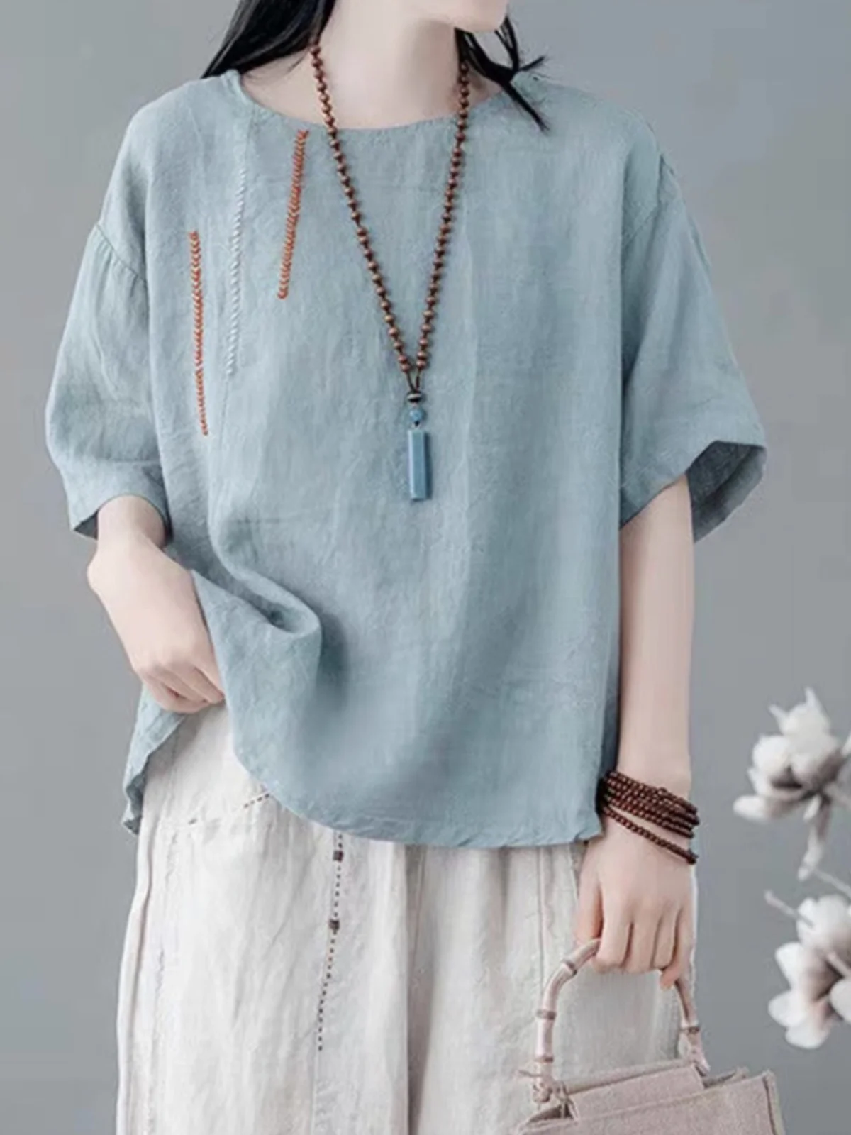 Algodão linho ort sve camiseta feminina casual solto overhead bordado topo vintage sle redondo ne fino verão irt