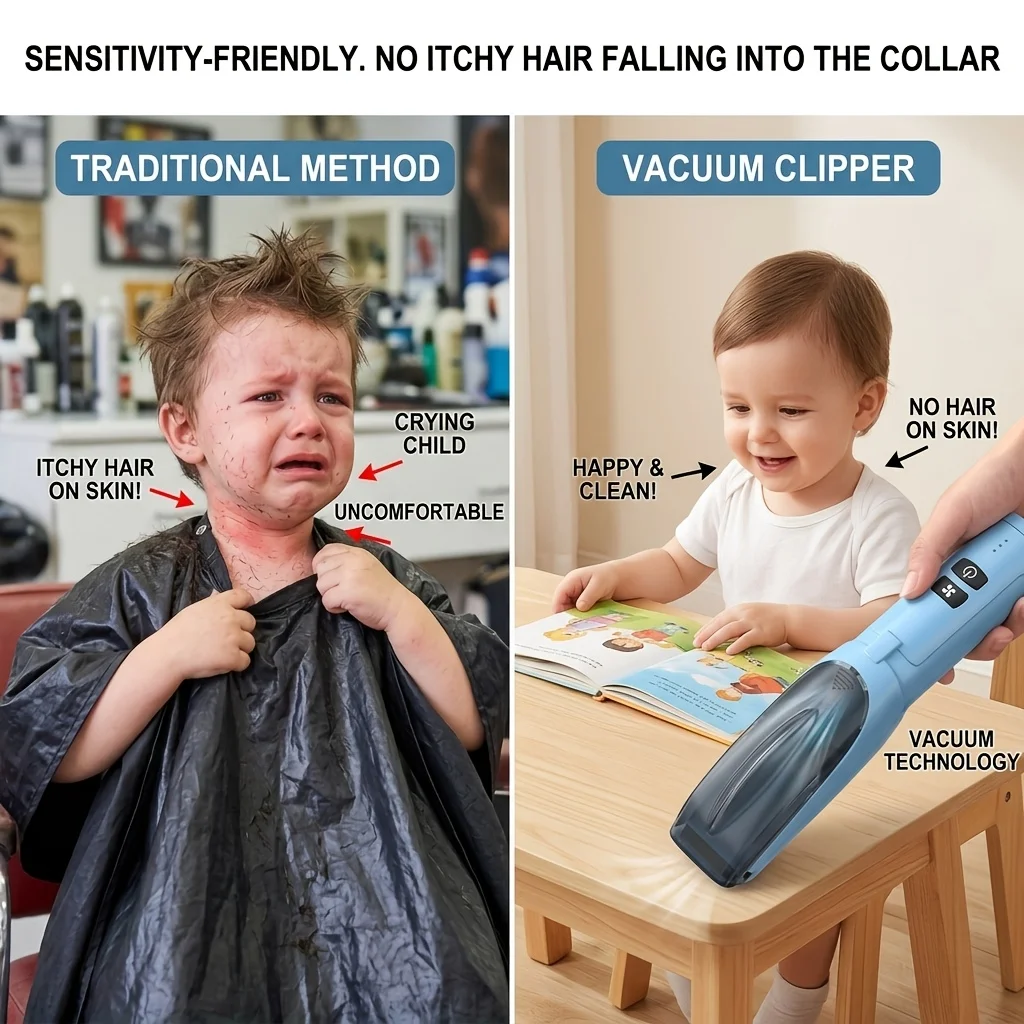 Vacuum Suction Baby Hair Clipper Quiet Ceramic Blade Cordless Rechargeable Kids Hair Trimmer Home Grooming Kit for Toddler Adult