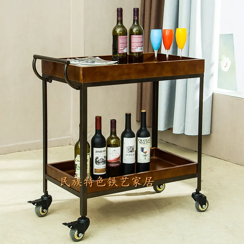 

Solid wood wrought iron dining cart Kitchen Living room Mobile trolley Shelf Hotel Double deck wine Restaurant trolley