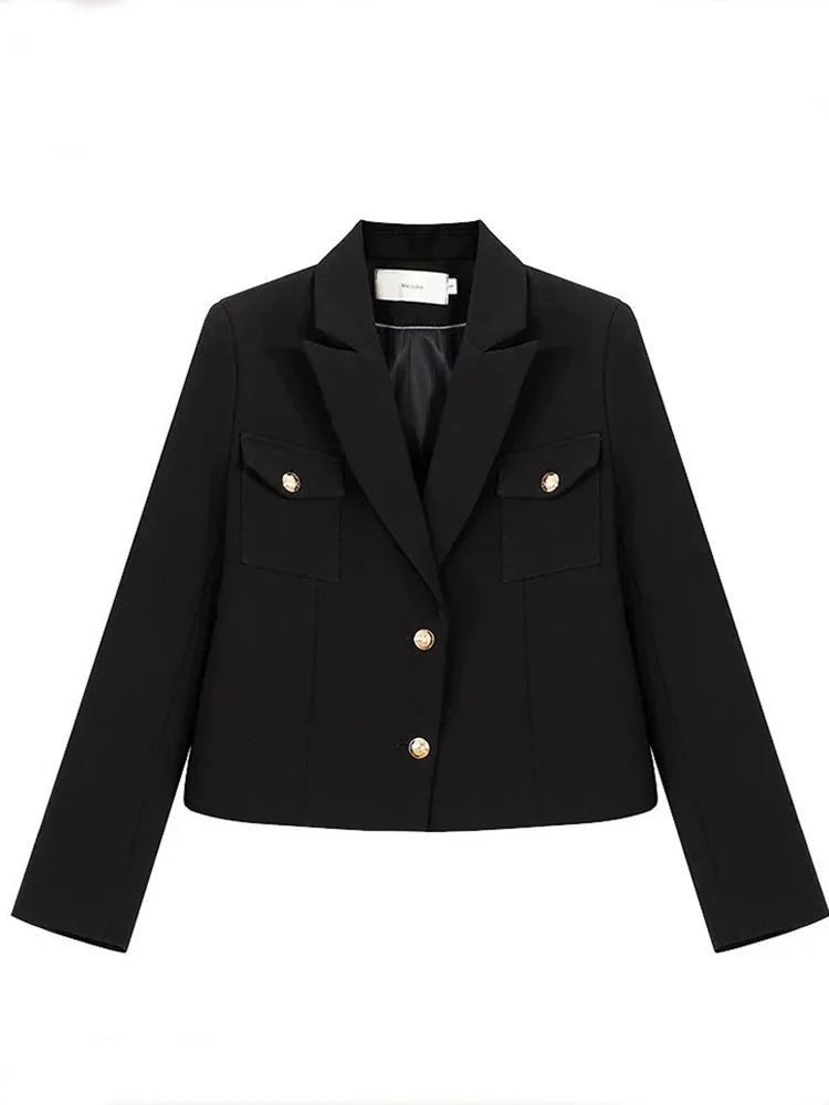 Zoki Casual Black Blazer Coats Women Fashion Slim Long Sleeve Elegant Short Jackets Fall Korean Double Buttons Office Lady Tops