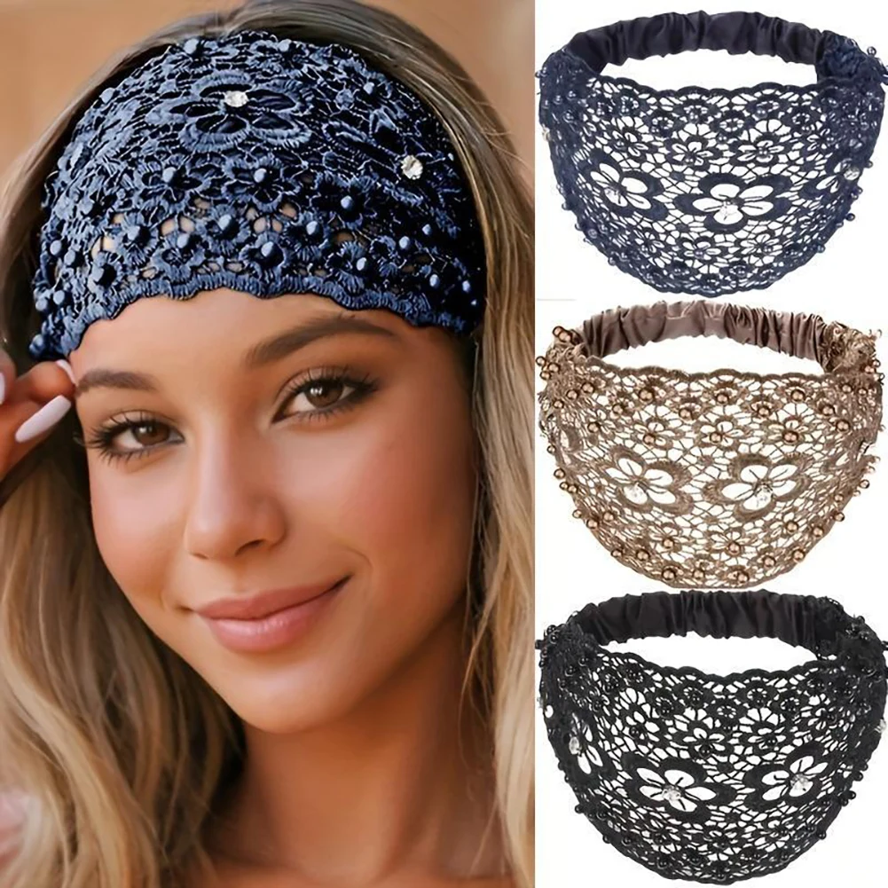 

Women Wide Lace Pearl Hollow Headband Anti-Slip Elastic Breathable Boho Rhinestone Hair Ornaments Ladies Hair Accessories