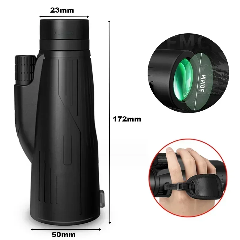 50mm Monocular Telescope High Performance Anti Shake Handheld Optical Scope with Wrist Strap Portable Outdoor Observation Gear