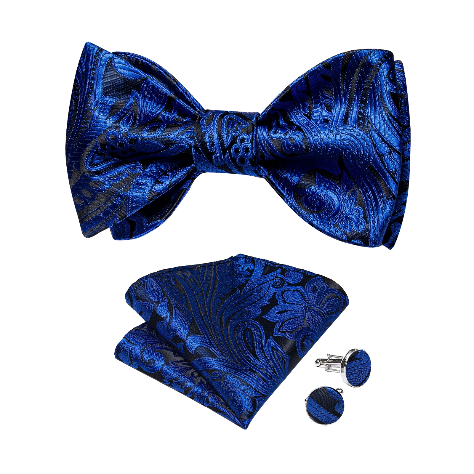 Classic Royal Blue Paisley Bowtie Handkerchief Cufflinks Ring Brooch Set for Man Tuxedo Business Party Wedding Fashion Bow Ties