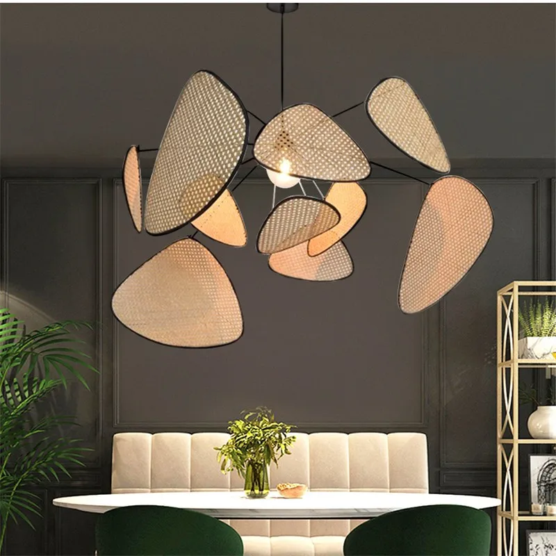 

Screen chandelier Rattan Wicker lamp Screen Cannage Kitchen Leaf Grid Hand Wood bamboo lamp e27 Creative dinning room light