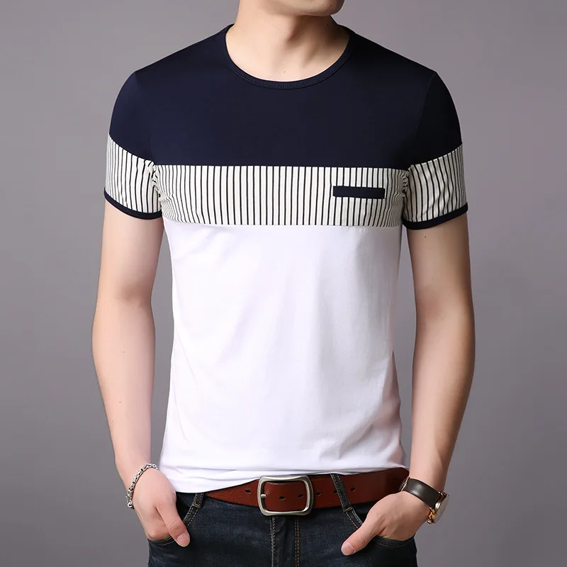 T Shirt Men Cotton Short Sleeve O Neck Striped Mens TShirts Fashion Patchwork Causal Slim Fit T Shirt Man Brand Men Clothing