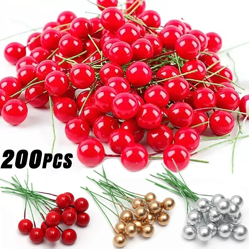 200/50Pcs Artificial Berries Red Cherry Stamen Mini Fake Berry Pearl Beads DIY Christmas Wreath New Year Party Gifts Decorations