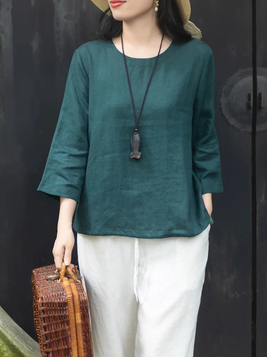 

Jiangnan Retro Linen T-irt Women's Commute round Ne Dstring Pure Color irt Casual Loose Fit Summer Sweat ng