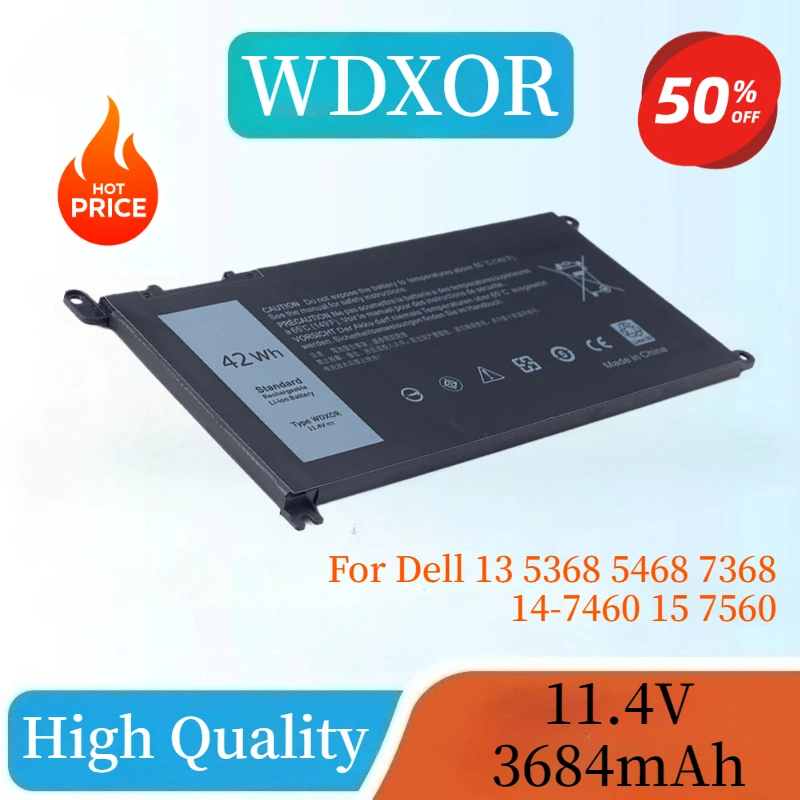 

New High Quality 42Wh 11.4V 3684mAh WDX0R Laptop Battery For Dell Inspiron 13 5000 7580 7368 5468 14-7640 Rechargeable Battery