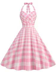 Elegant Pink Plaid Printed Party Dress Women Summer Halter High Waist 50s Vintage Fit and Flare Backless Retro Dresses