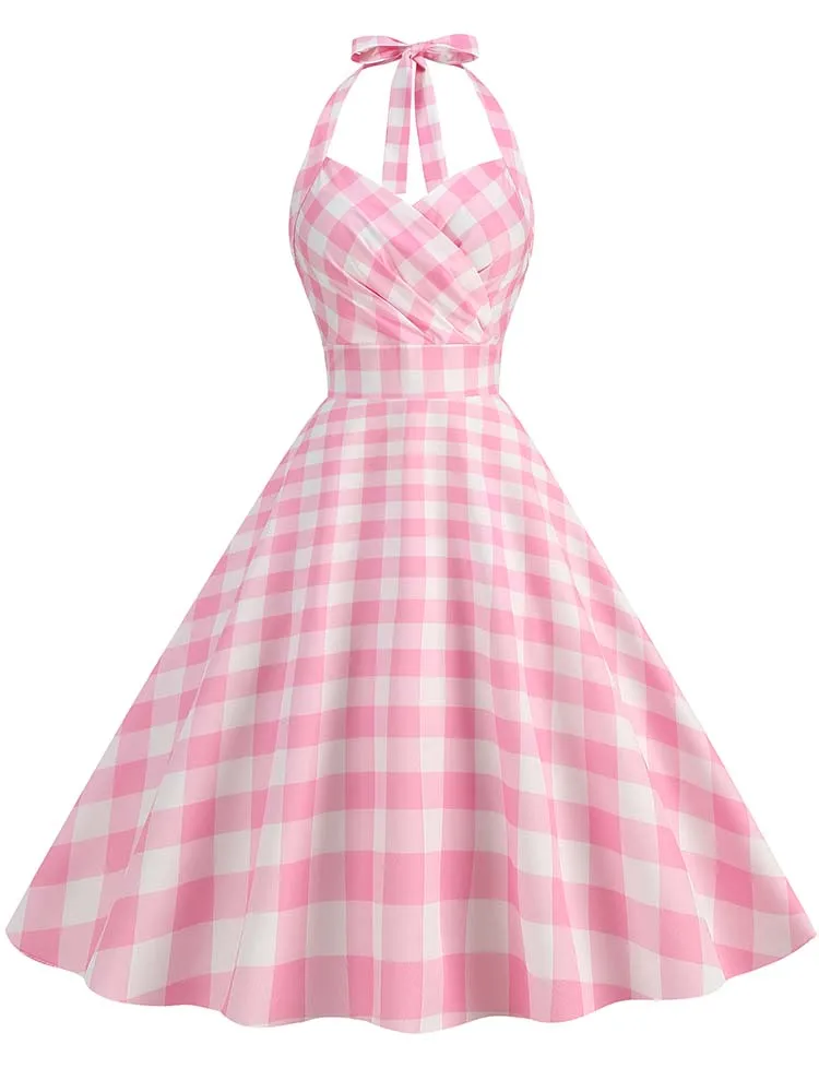 Elegancka różowa sukienka w kratę z nadrukiem damska letnia sukienka wiązana na szyi wysoka talia 50. Vintage dopasowana i rozszerzana sukienki retro bez pleców