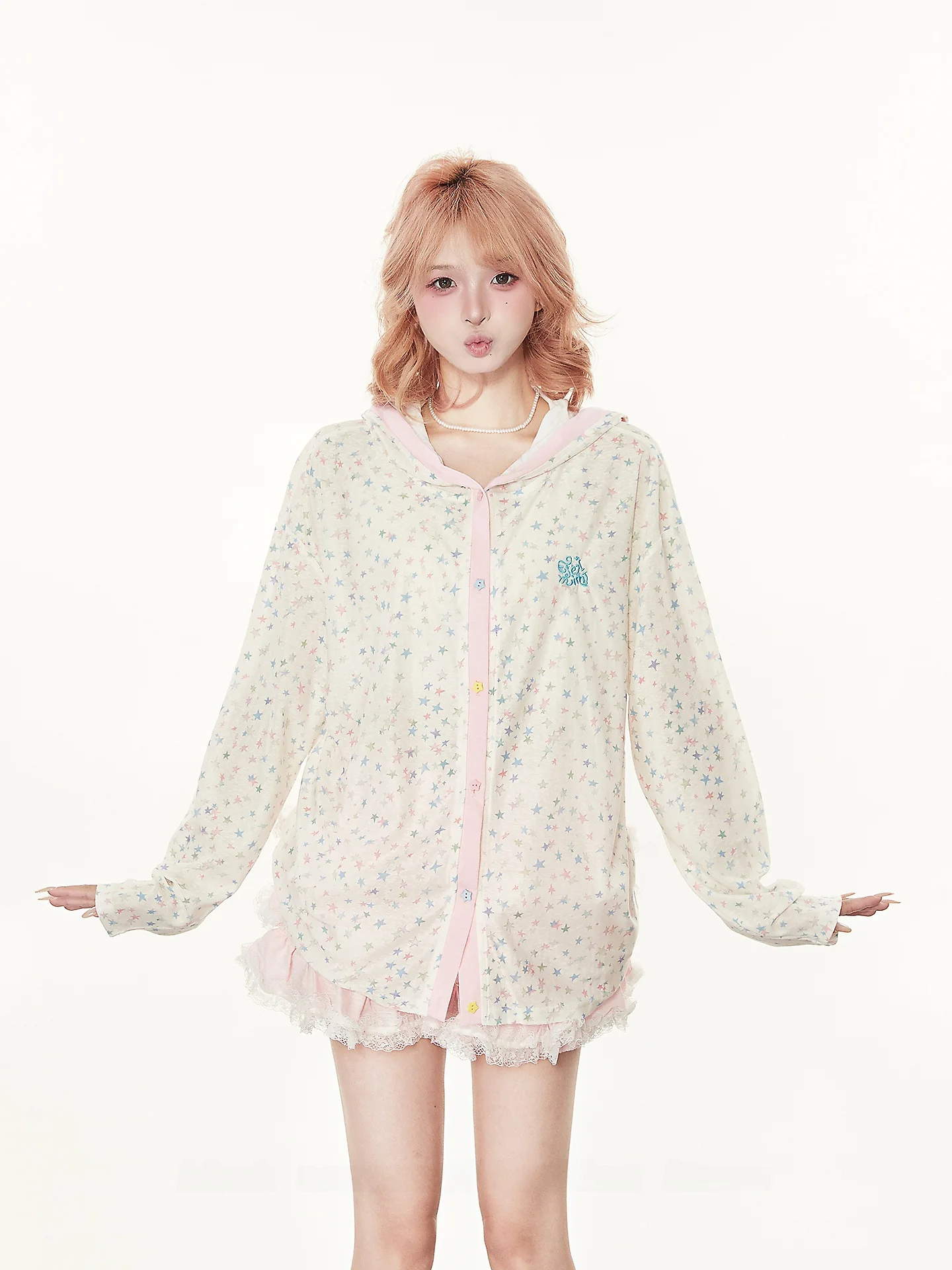 Dopamine Sweet Style Star Print Patchwork Color Block Short Jacket Women Summer Super Beautiful Loose Long Sleeve Sun Protect...