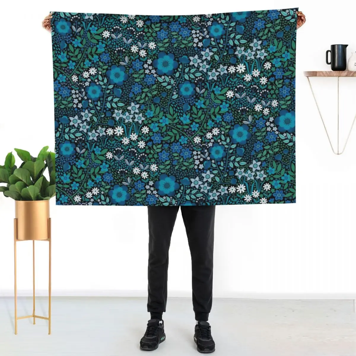 Summer Flower Garden - pretty floral pattern, turquoise blue and emerald on black - by Cecca Designs Throw Blanket