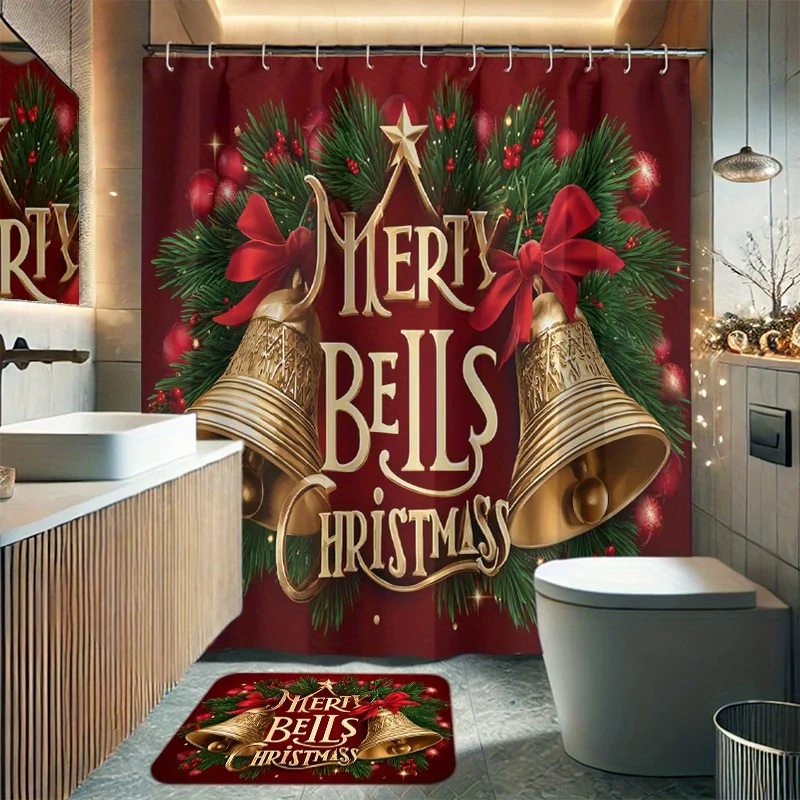 4Pcs Christmas Bell Blessing Shower Curtain Set, Holiday Bathroom Decor with 12 Hooks, Non-slip Mat , Xmas Gift Set