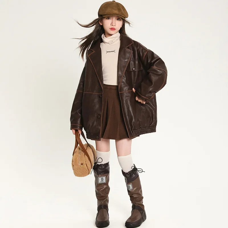 Girls Coat 2024 Winter New Childrens Clothing Girl Baby Foreign Maillard Brown Thick Imitation Rabbit Fur Casual Simple Daily