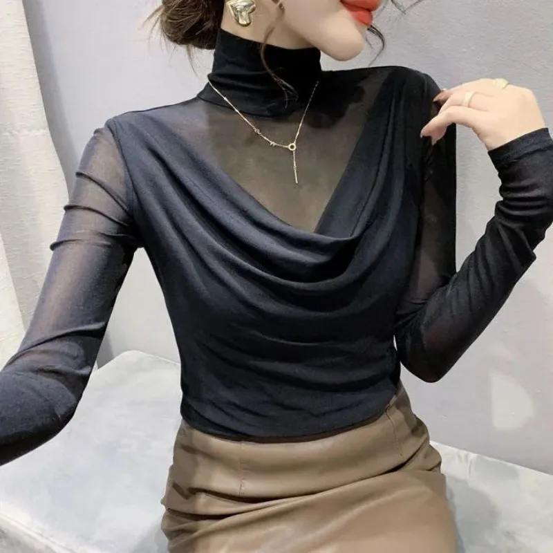 Turtleneck Mesh See-through T-shirts Women Slim Stretchy Long Sleeve Chic Elegant Sexy Tops Autumn Chic European Style Stylish image 6