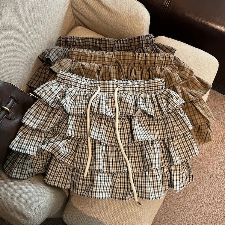 Cutecore Ruffle Skirt Trendy Plaid Tiered Mini Skirt for Women Summer Drawstring Tie Waist Hot Girl Skirts