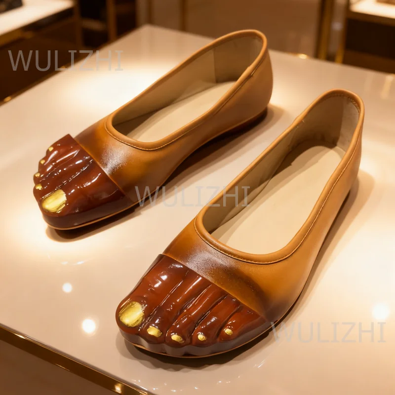 Dark Brown Flat Five-Toe Graffiti Gladiator Black Leather Injection Shoes Stylish Yellow Mixed Color Sandals On Street Modern