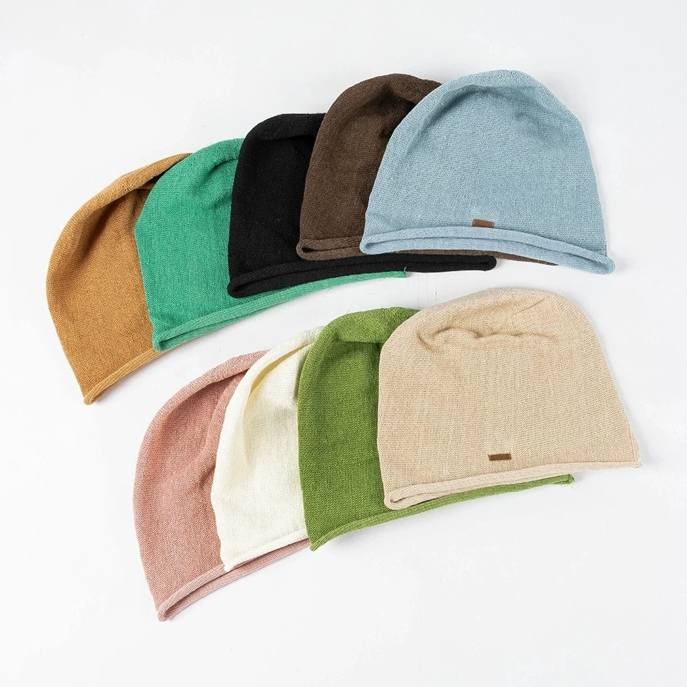 Spring Autumn Breathable Knitted Linen Sewn Leather Label Beanie Hat Lady 's Solid Skullies & Beanies