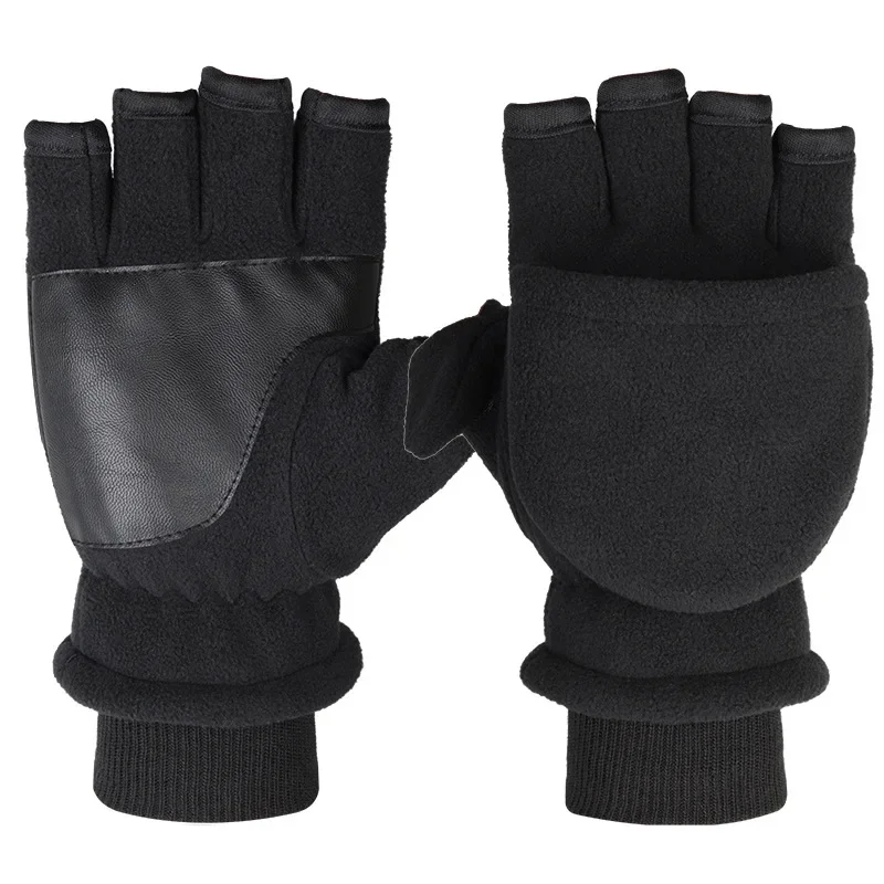 Winter warm Gloves Fingerless Convertible Thermal Mittens Gloves Windproof Polar Fleece Warm men women double-layer Flap Gloves