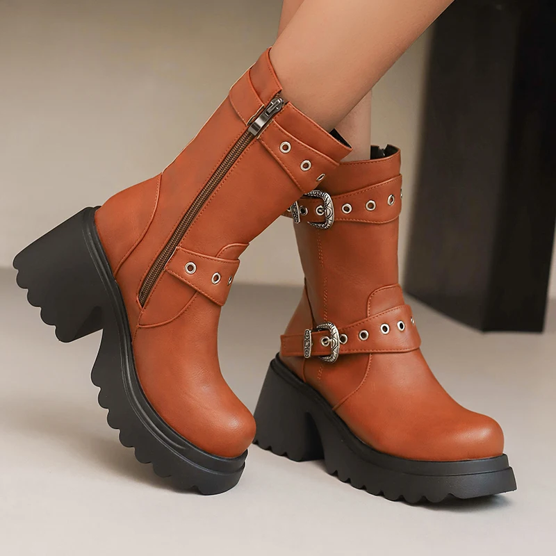 

Классические двухрядные металлические пряжки в римском стиле, короткие ботинки на толстой подошве, увеличивающие рост, ботинки в стиле ретро на платформе с боковой молнией