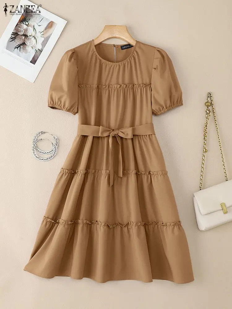 ZANZEA Stylowe Sukienki z Falbankami Damskie Lato 2025 Elegancka Sukienka w Kształcie Litery A Do Pracy Biurowej Vestidos Z Paskiem Sukienka Letnia z Dekoltem O i Krótkim Rękawem