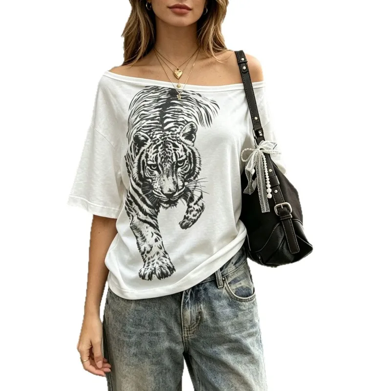 Women Off Shoulder Leopard Print T‑Shirt Summer Casual Loose Short Sleeve Tees Ladies Streetwear Slash Neck Tops S‑3XL