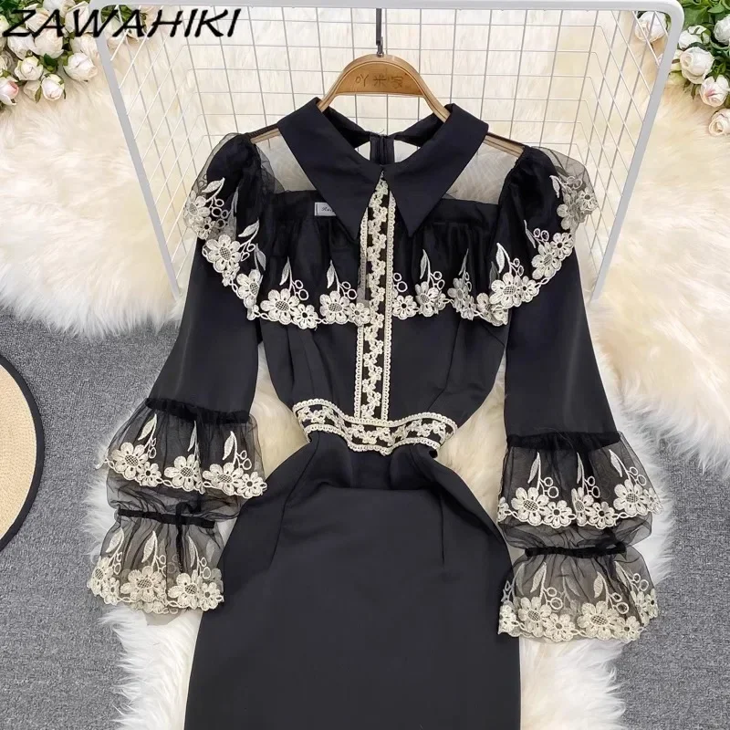 ชุดเดรสวินเทจสําหรับผู้หญิงเย็บปักถักร้อยจีบลูกไม้ Vestidos Patchwork Slim เอว Femme Robe Temperament Office Lady Ropa Mujer