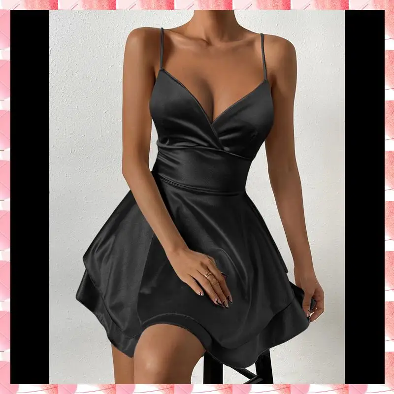 

Women Spaghetti Strap Satin Dress Sleeveless Low Cut Backless Short Romper Dress Party Jumpsuit Mini Sundress