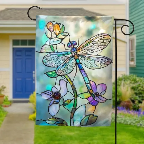 Dragonfly Garden Flag Stained Glass Inspired Double-Sided Decorative ZZY