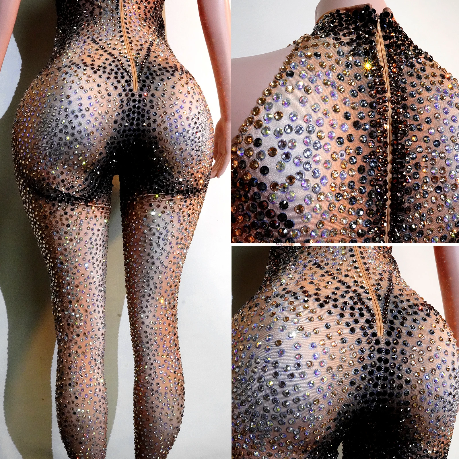 Sexy luxo completo strass sem mangas macacão baile de formatura boate palco desempenho festa à noite aniversário boate outfit