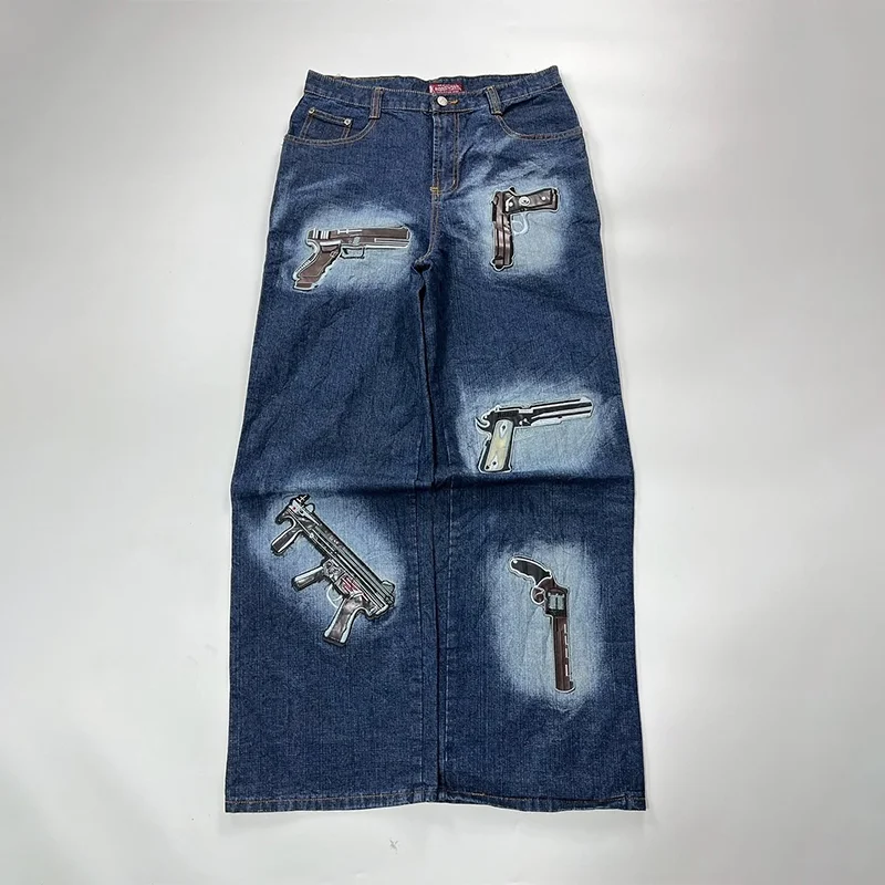 

Y2K Vintage Loose Jeans Revolver Pattern Distressed Patch Embroidery Wide Leg Jeans Hip Hop Men Women Casual Fashion Streetwear