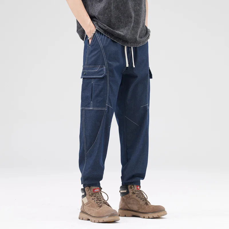 Men's Drawstring Waist Cargo Pants Denim Jeans Joggers, Multi-Pockets, Cotton, Casual Loose Trousers, Male Jogging, Autumn