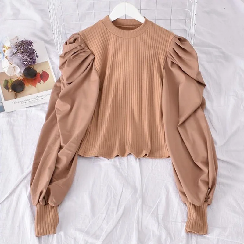 Neploe Korean O Neck Puff Long Sleeve Design Blouse Women Patchwork Knitted Slim Fit Short Blusas Autumn Spring 2024 New Shirt