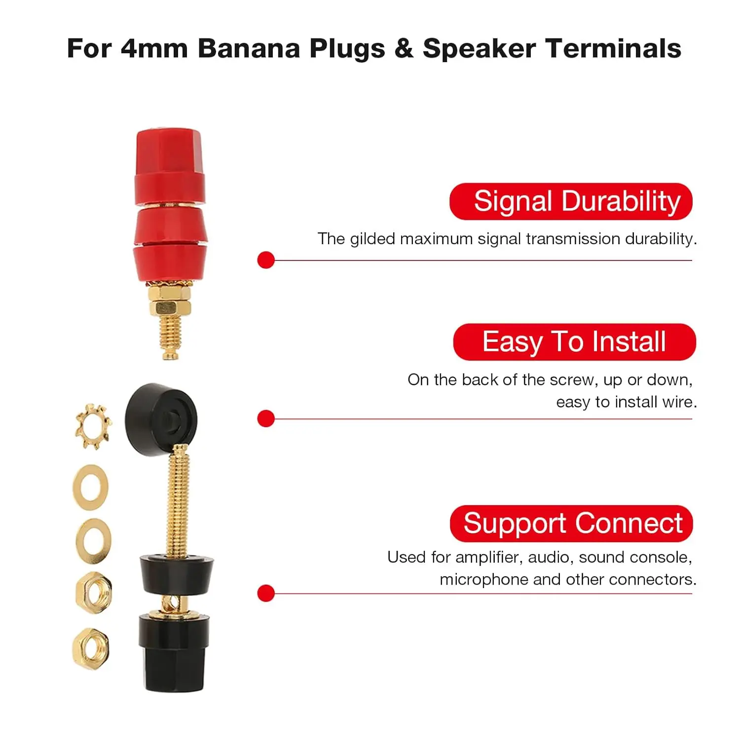4 Pcs Banana Plug Jack Socket Test Probe Audio Speaker Terminal Binding Post Adapter Connector for 4mm Plugs Black and Red