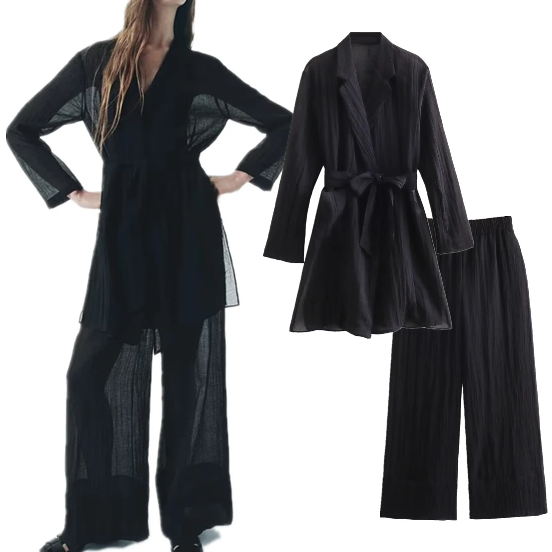 

Dave&Di French Fashion Ladies Set Simple Black Texture See-Through Long Loose Casual Pants Shirt Two-piece Set Women