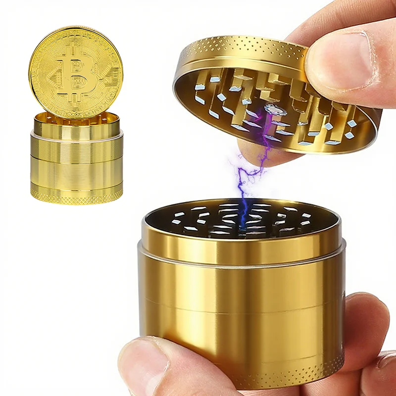 

50mm Bitcoin Gold Herb Grinder 4-layer Spice Pepper Mill Mortar Metal Grass Raw Tobacco Grinder Smoking Accessories Kitchen Tool